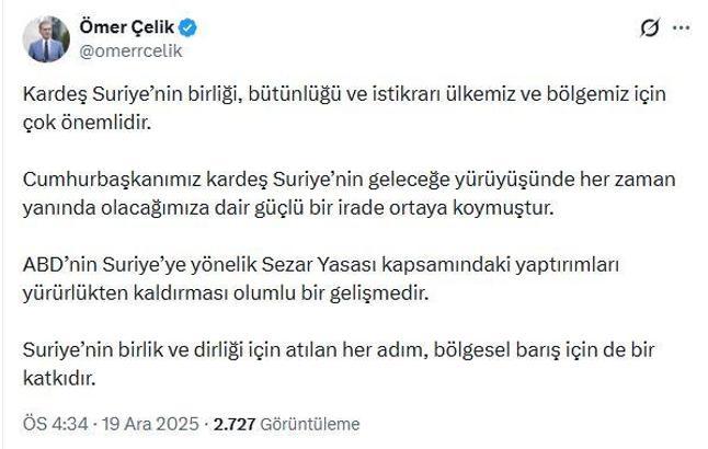 AK Parti'li Çelik: ABD'nin Suriye'ye yaptırımları kaldırması olumlu bir gelişmedir