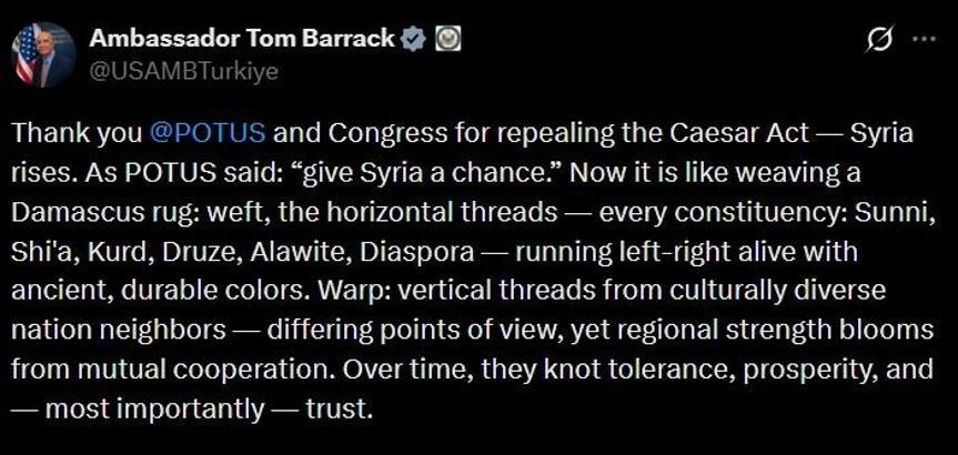 ABD Suriye Özel Temsilcisi Barrack'tan 'Sezar Yasası' teşekkürü