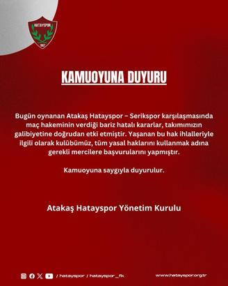 Atakaş Hatayspor’dan hakem kararlarına tepki