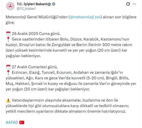 Bakanlıktan 22 il için 'yoğun kar' uyarısı