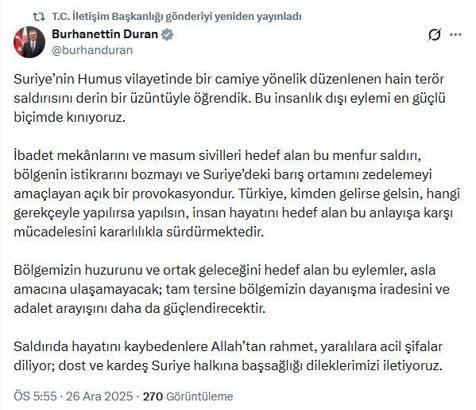 İletişim Başkanı Duran, Suriye'deki terör saldırısını kınadı