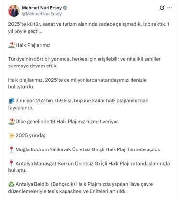 Bakan Ersoy: 2025'te 3 milyon 252 bin 769 kişi halk plajlarımızdan faydalandı