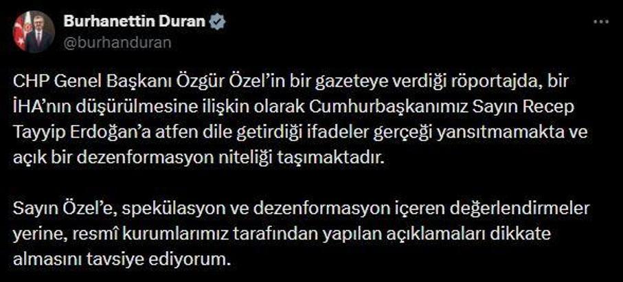 Burhanettin Duran: Özgür Özel'in ifadeleri açık bir dezenformasyon niteliği taşımaktadır