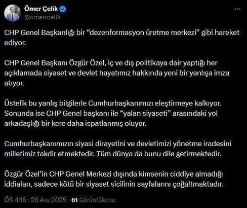 AK Parti'li Çelik: Özgür Özel, yaptığı her açıklamada yeni bir yanlışa imza atıyor