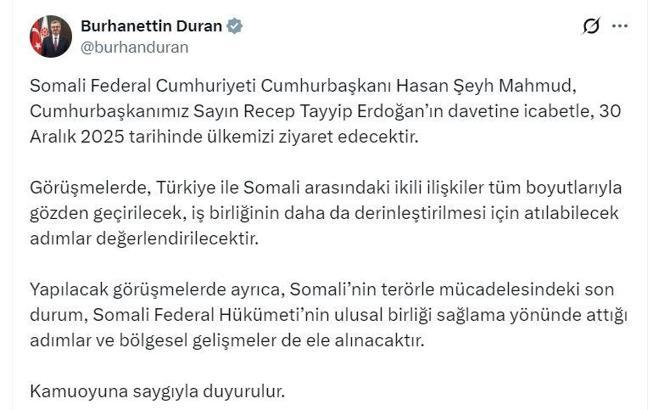 Somali Cumhurbaşkanı Mahmud, Türkiye'ye geliyor