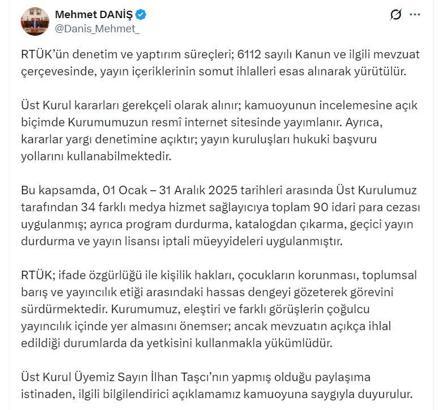RTÜK Başkanı Daniş: 2025'te 90 idari para cezası uygulandı