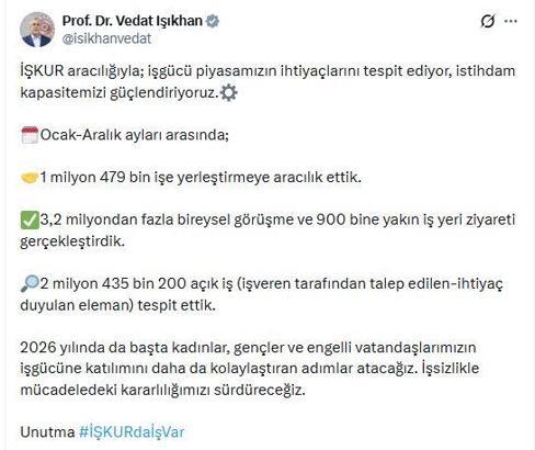 Bakan Işıkhan: 2025'te 1,4 milyon işe yerleştirmeye aracılık ettik