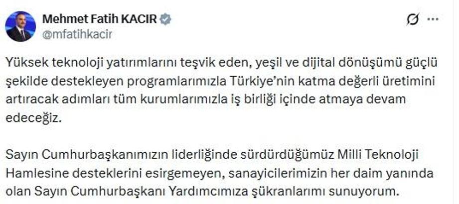 Bakan Kacır'dan, 'Milli Teknoloji Hamlesi' paylaşımı