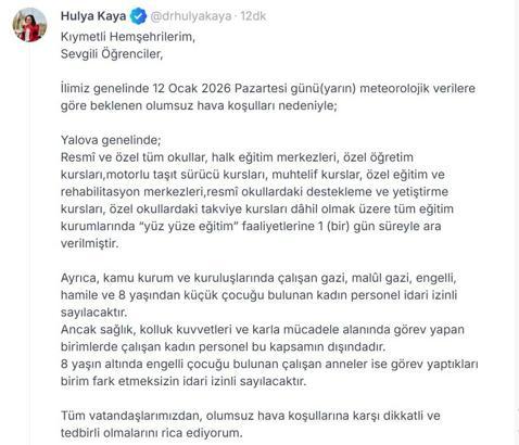 Yalova’da eğitime 1 gün ara verildi
