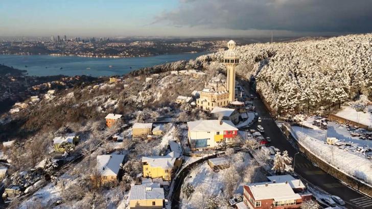 İstanbul- Beykoz’da kar yağışı; seyirlik manzara havadan görüntülendi