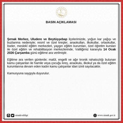 Şırnak kent merkezi ile 2 ilçesinde eğitime kar engeli