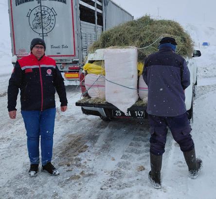 Tipide mahsur kalan TIR’daki hayvanlara saman ve ot götürüldü