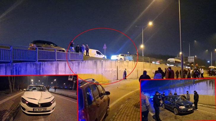 Kamyonet çalılık alana uçtu; çarptığı bariyerler 2 otomobilin üzerine düştü