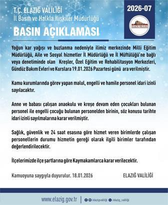 Elazığ’da bazı kurum ve kurslarda eğitime 1 gün ara