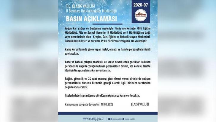 Elazığ’da bazı kurum ve kurslarda eğitime 1 gün ara