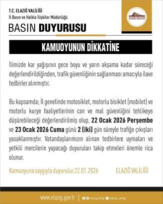 Elazığ’da motosiklet, mobilet ve motokuryelere 2 gün trafik yasağı