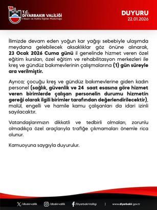 Diyarbakır’da özel eğitim kursları, rehabilitasyon merkezleri ve kreşlere 1 gün kar tatili