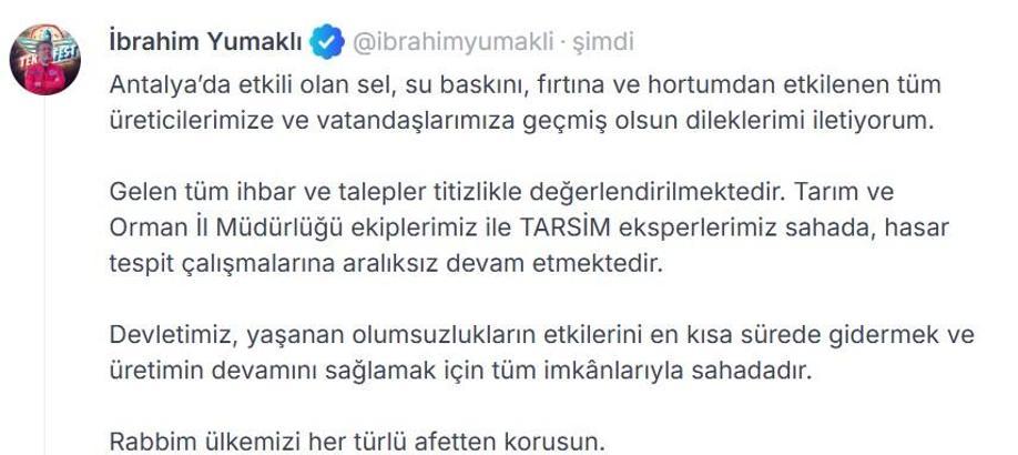 Bakan Yumaklı: Antalya'da sel ve fırtına sonrası hasat tespit çalışmaları sürüyor