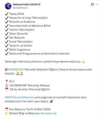 Bakan Kacır: DENEYAP Atölyeleri öğrenci seçme sınavı başvuruları başladı