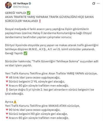 Bakan Yerlikaya: Hatay'da trafikte yarışan 4 sürücü yakalandı