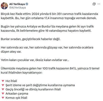 Bakan Yerlikaya: 100 trafik kazasının 84'ü, 5 temel kural ihlalinden kaynaklanıyor