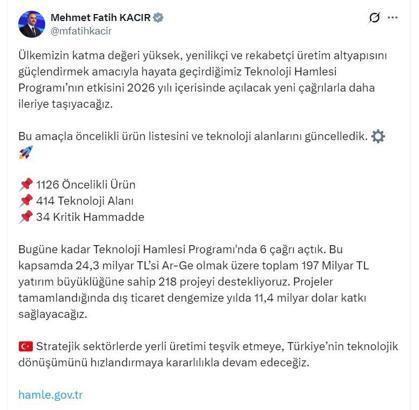 Teknoloji Hamlesi Programı öncelikli ürün listesi güncellendi