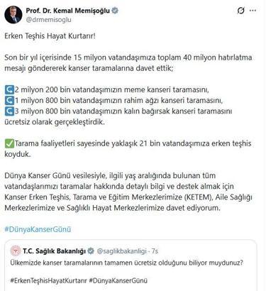 Bakan Memişoğlu'ndan, '4 Şubat Dünya Kanser Günü' paylaşımı