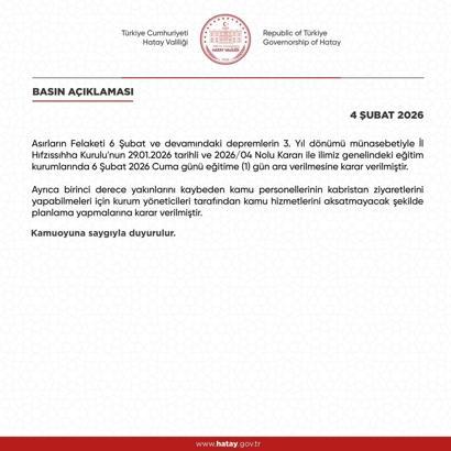 Hatay’da 6 Şubat’ta eğitime bir gün ara