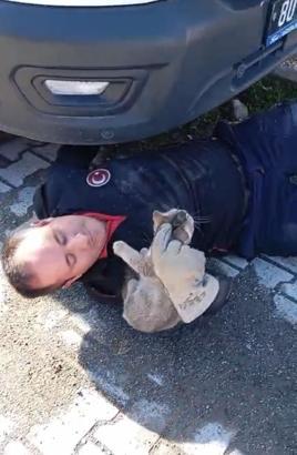 Ambulansın altına sıkışan kedi itfaiye ekiplerince kurtarıldı