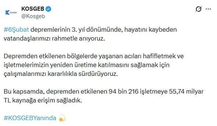 KOSGEB: Depremden etkilenen 94 bin 216 işletmeye 55,74 milyar TL kaynak sağladık