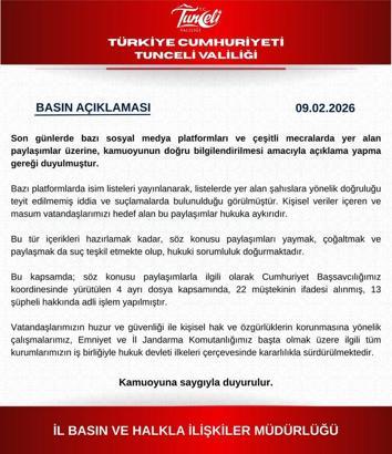 Tunceli Valiliği: Sosyal medyadaki hukuka aykırı paylaşımlarla ilgili 13 şüpheli hakkında işlem yapıldı