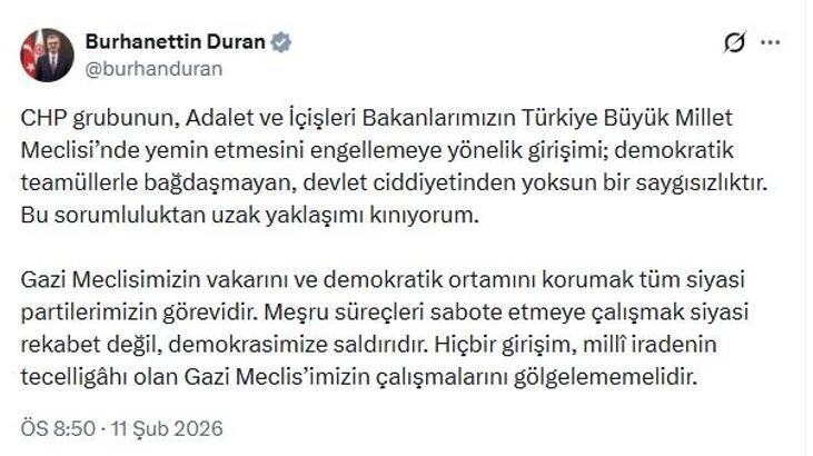 İletişim Başkanı Duran: CHP grubunun sorumluluktan uzak yaklaşımını kınıyorum