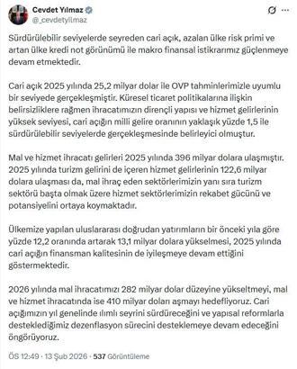 Cevdet Yılmaz: Cari açık, OVP ile uyumlu gerçekleşmiştir