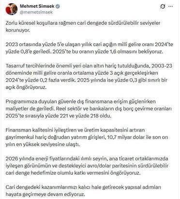 Bakan Şimşek: Cari dengede sürdürülebilir seviyeler korunuyor