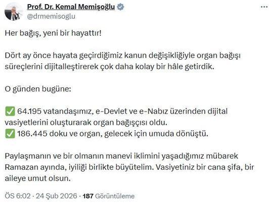 Bakan Memişoğlu: E-Devlet ve E-Nabız üzerinden 64 bin vatandaş organ bağışçısı oldu