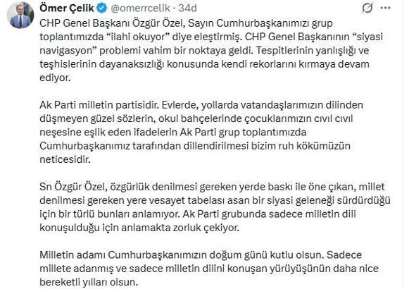 AK Parti'li Çelik: CHP Genel Başkanı'nın 'siyasi navigasyon' problemi vahim noktaya geldi