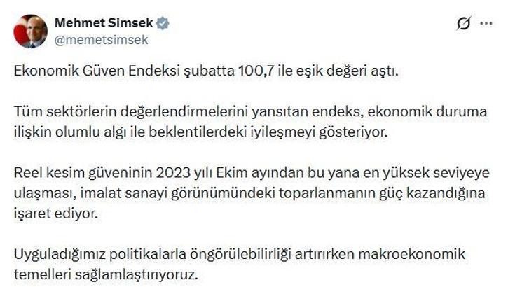 Bakan Şimşek: Ekonomik güven endeksi şubatta 100,7 ile eşik değeri aştı