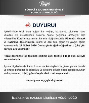 Tunceli’de 4 ilçede eğitime ‘kar’ nedeniyle 1 gün ara