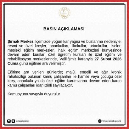 Şırnak’ta eğitime 1 gün ara