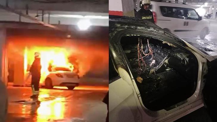 Otomobil otoparkta alev aldı
