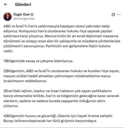 Özgür Özel: Bölgemizde savaş ve çatışma istemiyoruz