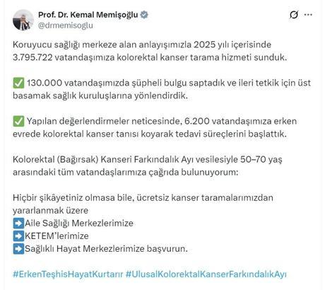 Bakan Memişoğlu: 2025'te 3 milyon 795 bin 722 vatandaşımıza kolorektal kanser tarama hizmeti sunduk