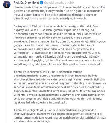 Bakan Bolat: Türkiye-İran arasında günübirlik yolcu geçişleri karşılıklı olarak durduruldu