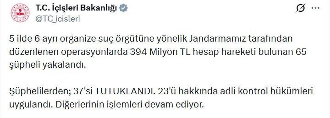 6 ilde organize suç örgütlerine yönelik operasyon; 37 tutuklama