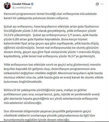Cevdet Yılmaz: Yıllık enflasyonun artış göstermesi, mevsim koşulları kaynaklı
