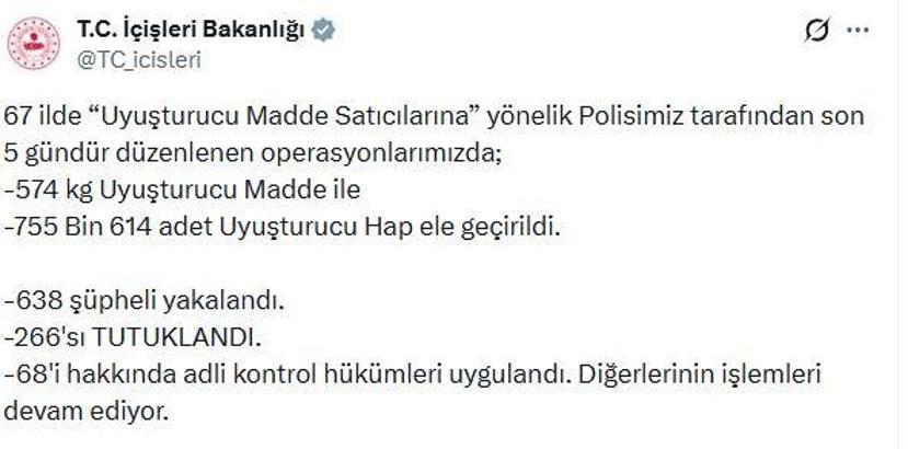67 ilde uyuşturucu operasyonu; 266 tutuklama