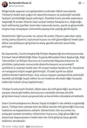 İletişim Başkanı Duran: Dezenformasyon içeren 41 hesaba erişim engeli getirildi