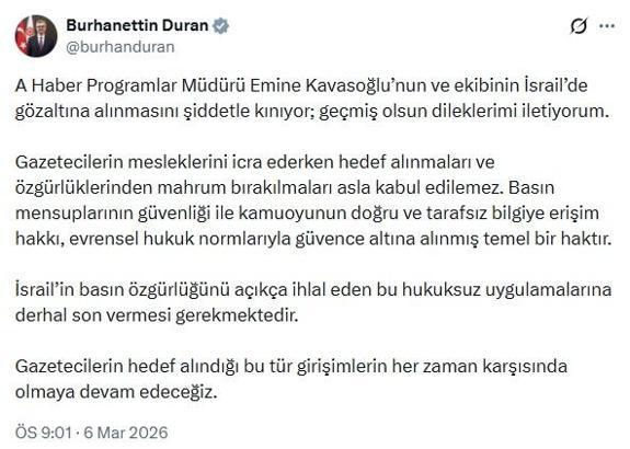 İletişim Başkanı Duran: Emine Kavasoğlu’nun ve ekibinin İsrail’de gözaltına alınmasını kınıyorum