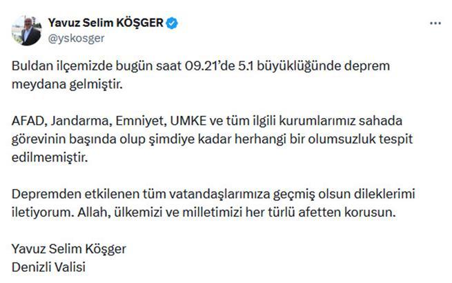 Denizli'de 5.1 büyüklüğünde deprem; Vali Köşger'den açıklama