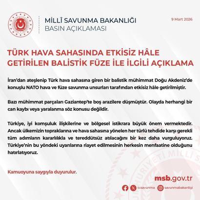 MSB: Türk hava sahasına giren balistik mühimmat imha edildi